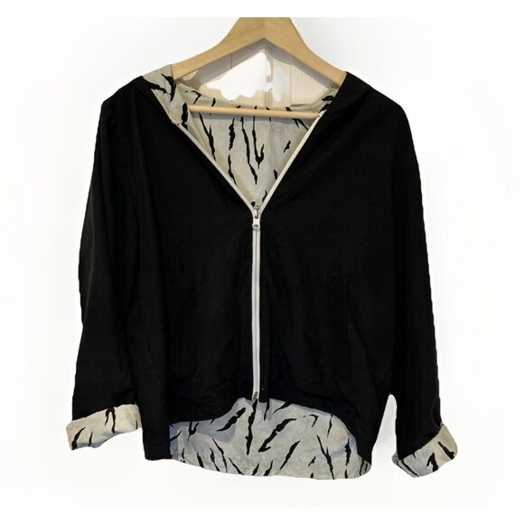 Galinda W Black Silk Reversible Hooded Zip Up Jacket Zebra Print Lining - Picture 1 of 9